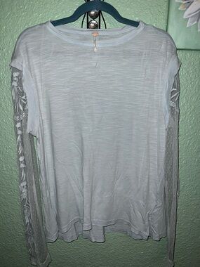 Free People Light Blue Long Sleeve Lace-Sleeve Tee